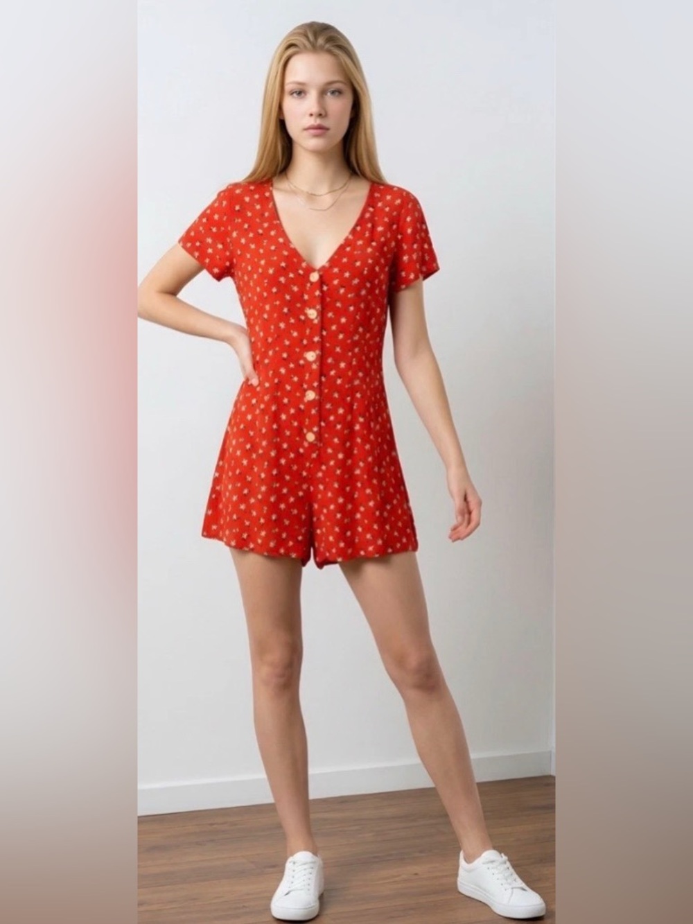 New BB Dakota Bright Orange Floral Button Front Romper